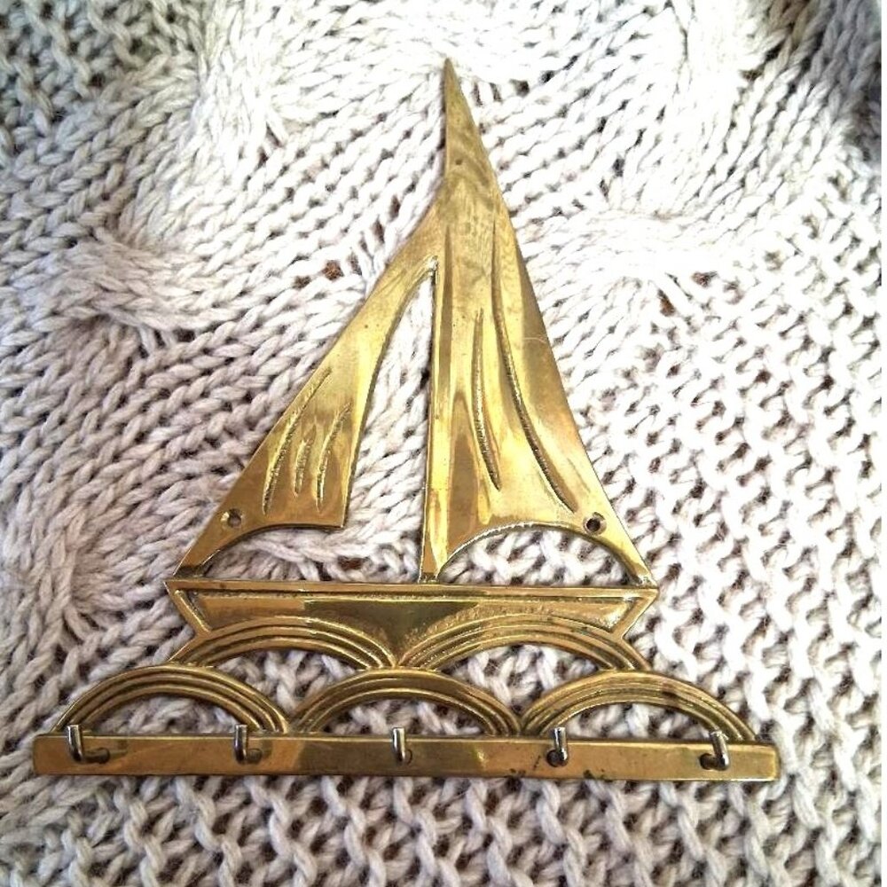 Vintage Interpur Brass Sailboat Wall Mounted Key Holder Nautical Decor Taiwan MC